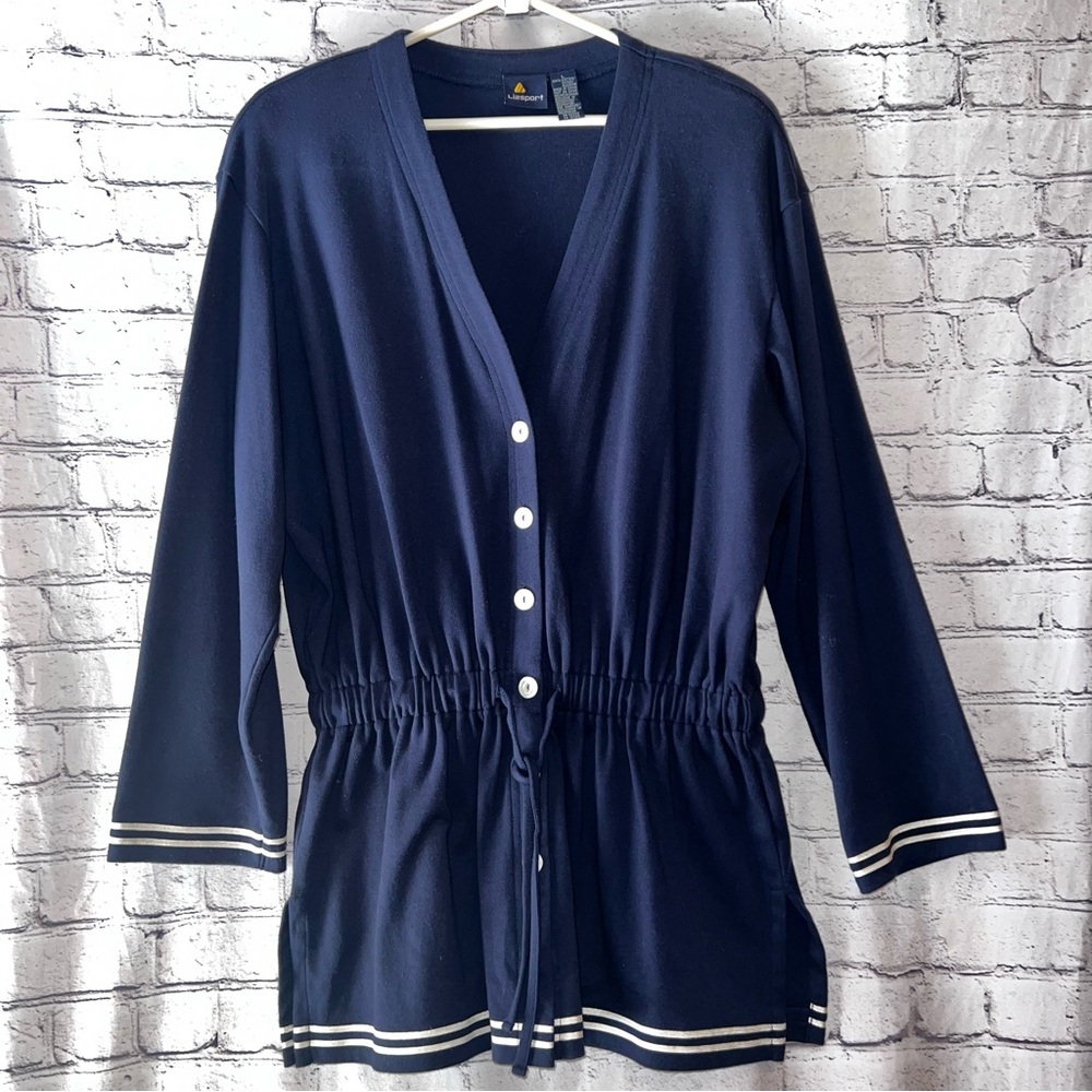Liz‎ Sport Vintage Navy Blue Sailor Style Long Button Down Cotton Cardigan